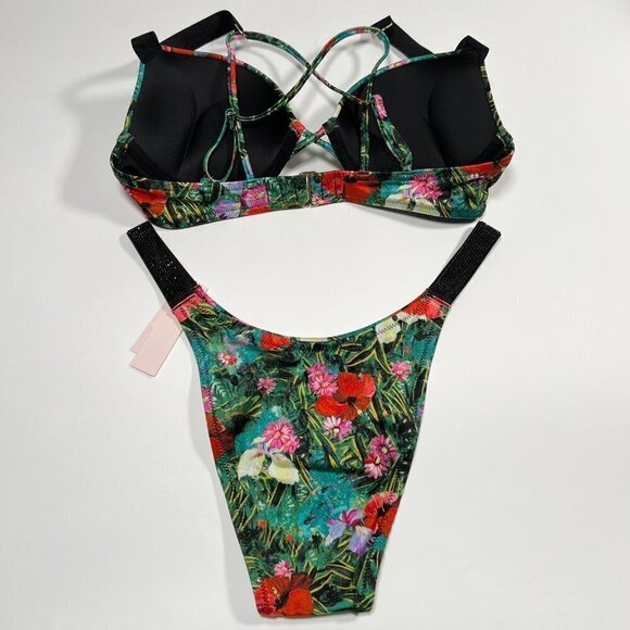 Victoria Secret 36DD L Bombshell Push Up Bikini Set Shine Strap Palm Tropical - Picture 4 of 10